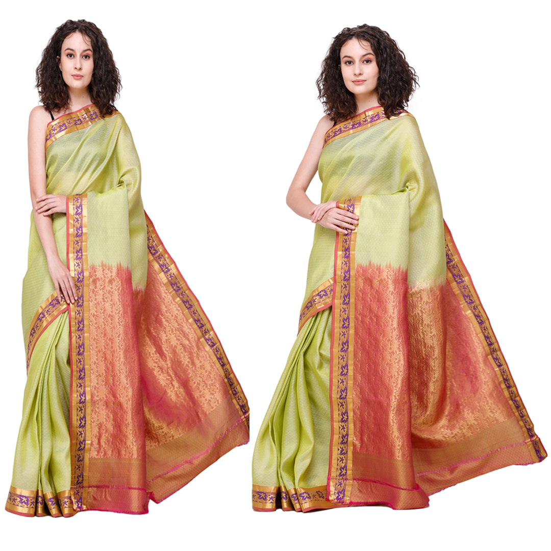 Buy Linden-Green Brocaded Hadloom Kora Sari from Banaras