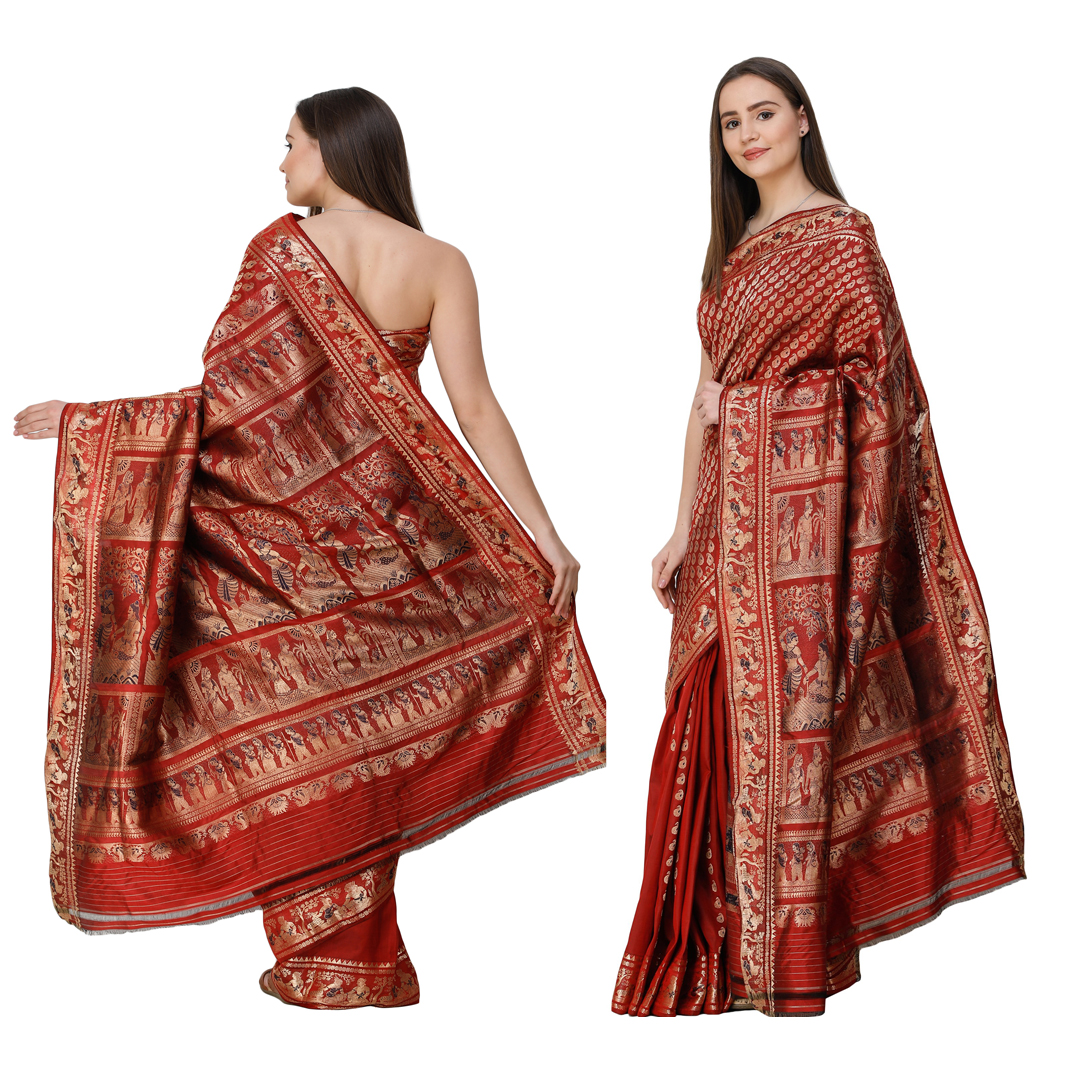 Buy Tandori-Spice Baluchari Sari from Bengal with Hand-woven Ramayana Episodes on Anchal