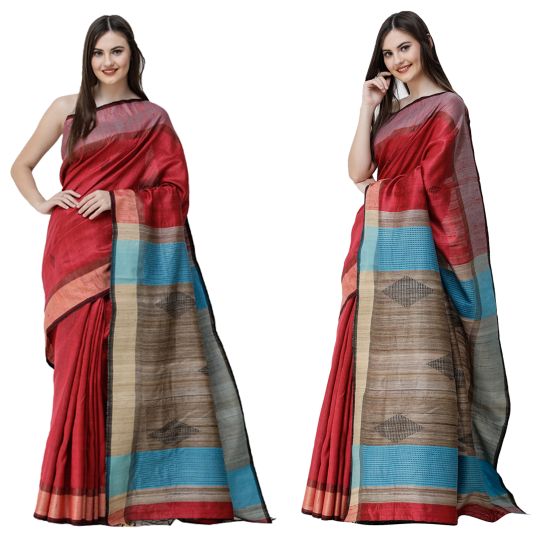 Buy Garnet-Pose Kosa Sari from Jharkhand with Straight-stitch on Pallu and Jute Weave