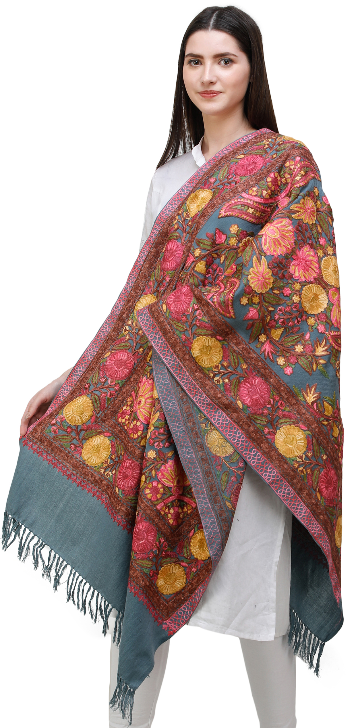 Buy Smoke-Blue Stole from Kashmir with Aari-Embroidered Flowers