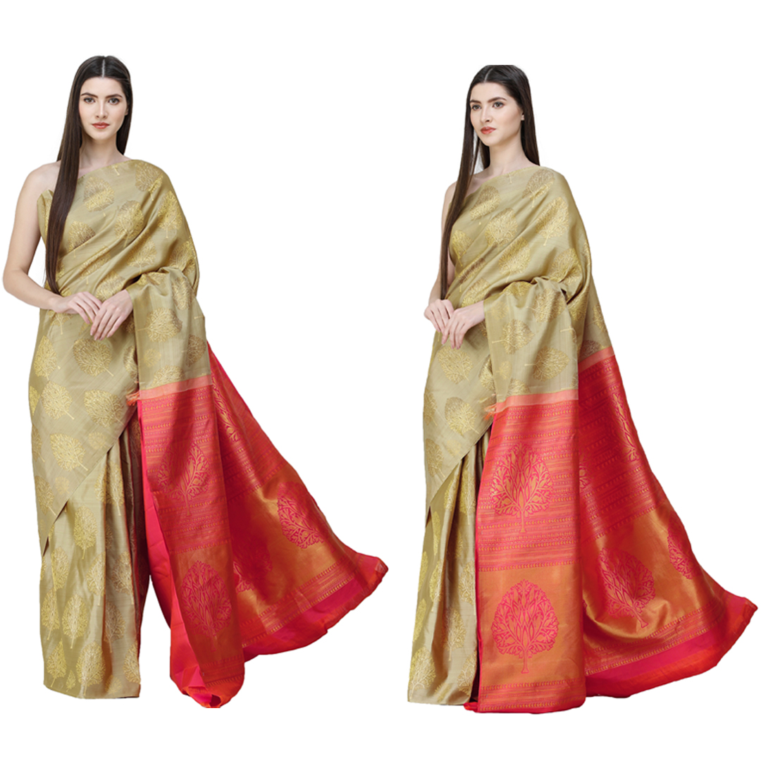 Buy Gravel-Beige Uppada Fusion Sari from Bangalore with Zari-Woven Trees All-Over