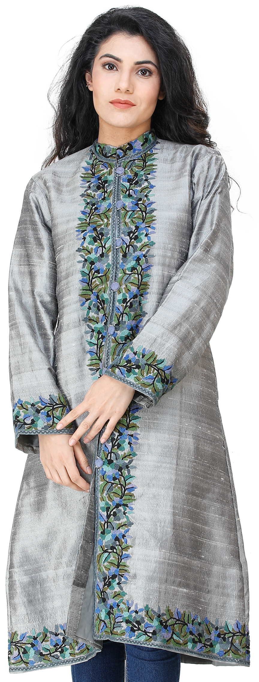 Buy Silver-Gray Long Jacket from Kashmir with Floral Ari Embroidery by Hand