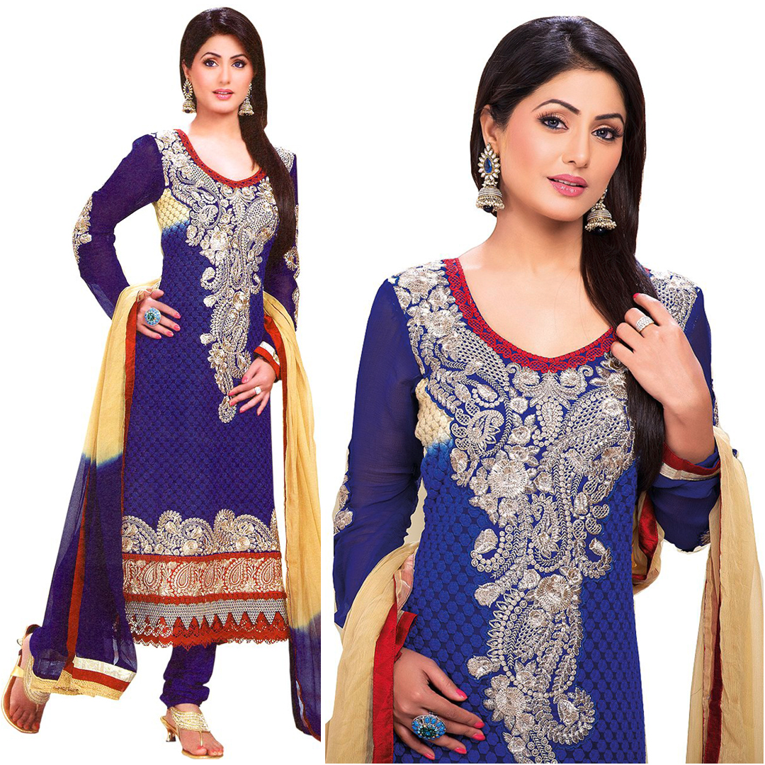 Get Twilight-Blue Chudidar Kameez Suit with Floral Booties and Giant Paisley Patch