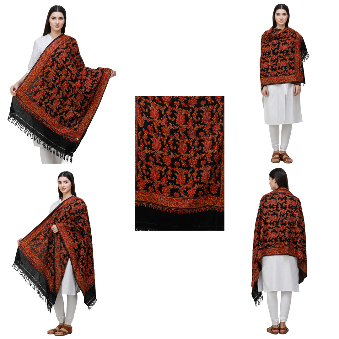 Get Jet-Black Stole from Kashmir with Hand-Embroidered Pasileys All-over by Exotic India Art